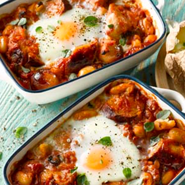 Sausages Baked with Beans and Eggs